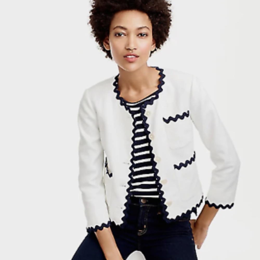 J. Crew White Cropped Cardigan Blazer with Navy Trim